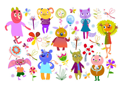 Set of Monsters, Flowers, Butterflies, Dragonflies. Funny Cartoon fantastic creatures. Cute fabulous incredible characters for children's design collection. Big bundle elements isolated on white. 