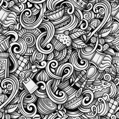Cartoon hand-drawn doodles tea and coffee seamless pattern