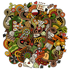 Obraz premium Cartoon hand-drawn doodles casino, gambling illustration