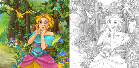 Obraz na płótnie Canvas cartoon scene with princess in the forest - illustration for children