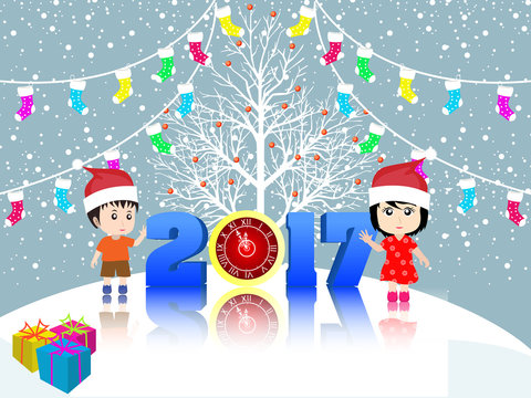Merry christmas and Happy new year 2017 with funny kids