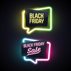 Set of geometric Black Friday neon vector banners.