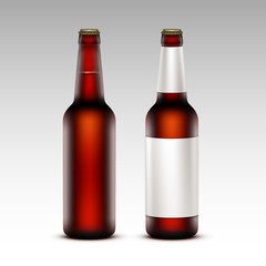 Set of Closed Blank Glass Transparent Brown Bottles of Dark Red Beer with without White labels on Background