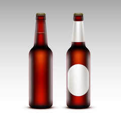 Set of Closed Blank Glass Transparent Brown Bottles of Dark Red Beer with without White labels on Background