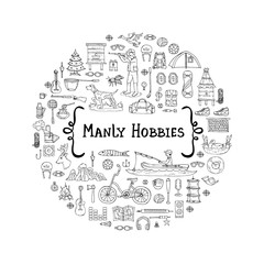 Cover with hand drawn manly hobbies on white color