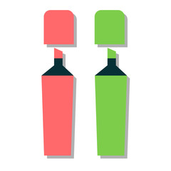 Colored marker highlighters vector. Marker on white background. Colored office marker supply pens in flat cartoon design style. Vector multi-colored markers