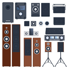 Home sound system. Home stereo flat vector music systems for music lovers. Loudspeakers player receiver subwoofer remote music systems for listening to music. Loudspeakers stereo equipment technology.