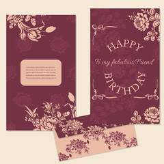 Printable Happy Birthday Invitation Template: invitation,  Birthday  cards  set.  postcards and envelope