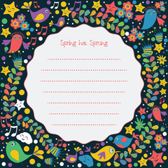 template holiday greeting card. Flowers, birds, stars, in  circle shape.  circle made of flowers, birds, stars doodle . and central  copyspace for your text. Valentines day card.