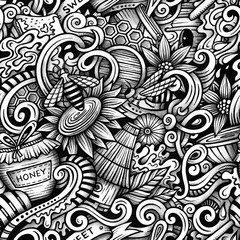 Cartoon hand-drawn doodles Honey seamless pattern