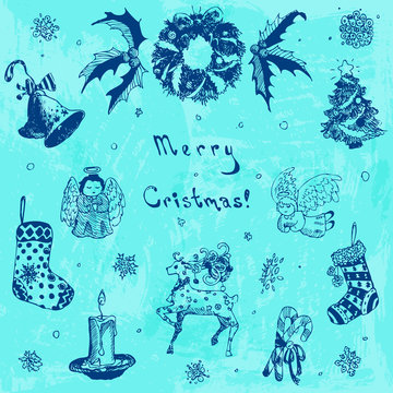 Doodle hand drawn Merry Christmas illustration. Christmas tree, gift, bell, snowflake, candle, ribbon, candy, deer, present, ornament, angel, sock, mistletoe, garland. © maniki