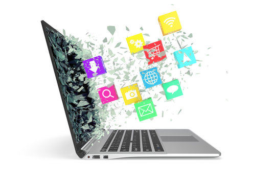 Laptop with color application icons. 3d illustration