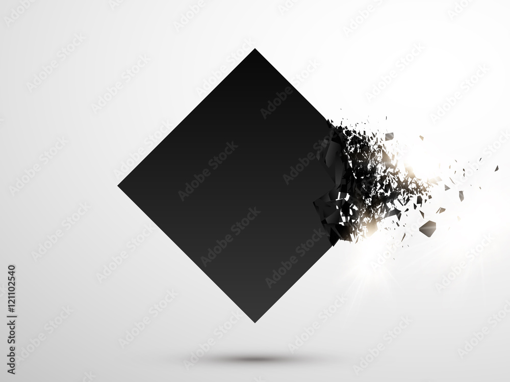 Poster black square with debris on white background. abstract black explosion. geometric background. vector