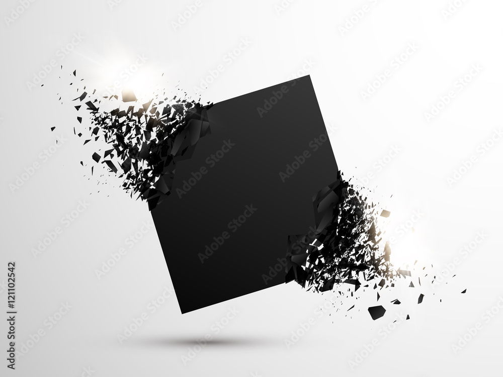 Poster black square with debris on white background. abstract black explosion. geometric background. vector