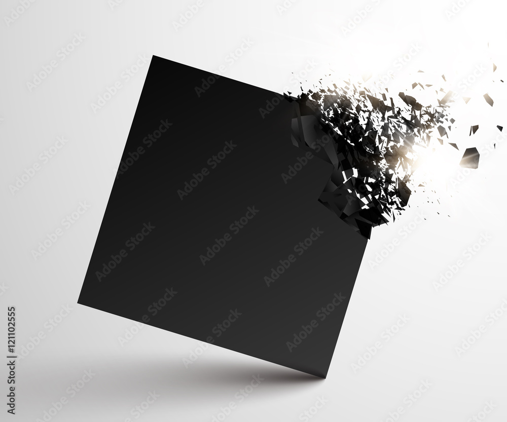 Poster black square with debris on white background. abstract black explosion. geometric background. vector