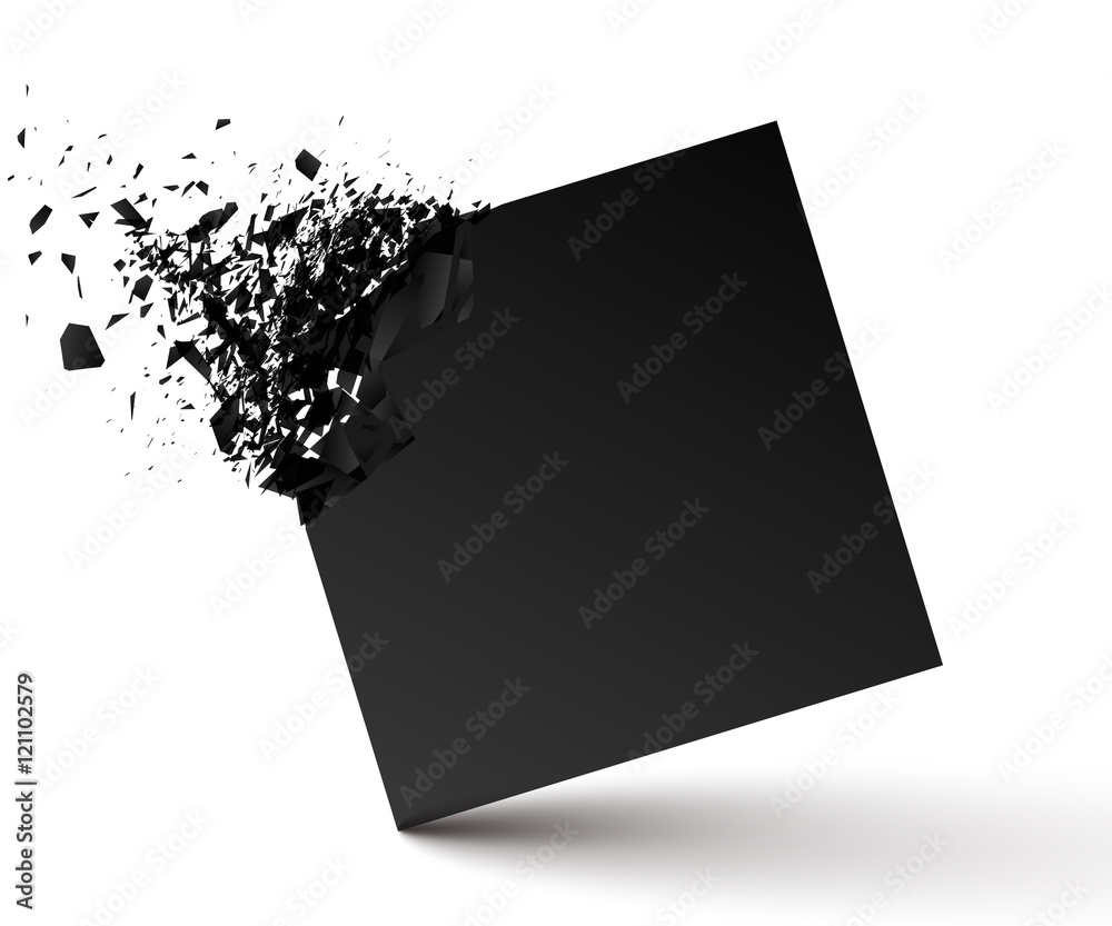 Poster black square with debris on white background. abstract black explosion. geometric background. vector