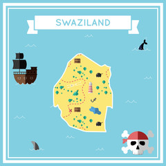 Flat treasure map of Swaziland. Colorful cartoon with icons of ship, jolly roger, treasure chest and banner ribbon. Flat design vector illustration.