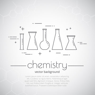 Vector background with set of icons - flasks. Chemistry - inscription . Science and educational background.