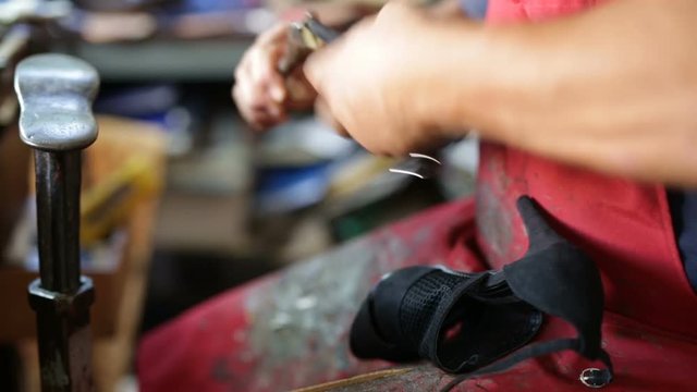 Calzolaio al Lavoro nella sua bottega artigianale. Riparazione tacco scarpa nera donna. 