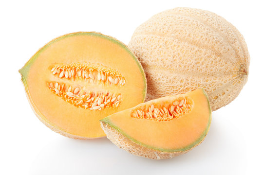 Cantaloupe melon section and slice isolated on white, clipping p