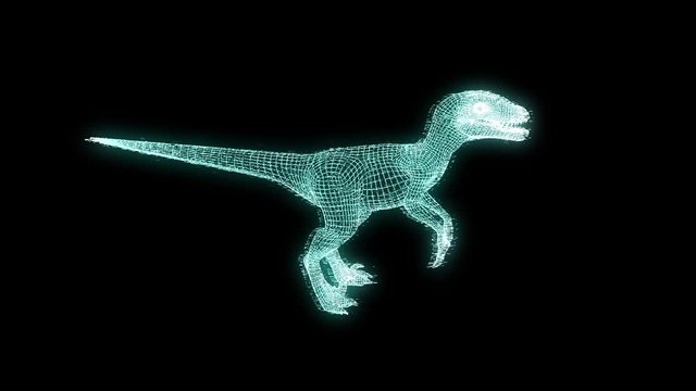 Dinosaur Raptor in Hologram Wireframe Style. Nice 3D Rendering
