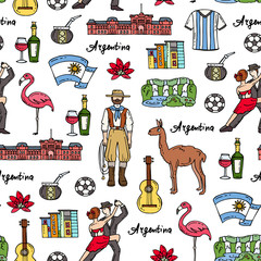Vector seamless pattern with hand drawn colored symbols of Argentina - 121103597
