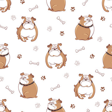 Cute cartoon dogs seamless pattern. Vector background with doodle bulldogs. 