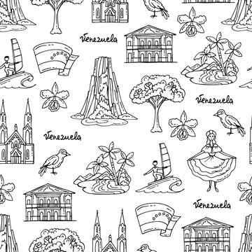 Vector seamless pattern with hand drawn isolated symbols of Venezuela on white color