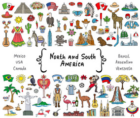 Vector set with hand drawn isolated colored doodles on the  theme of North and South America - 121103952