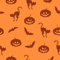 Vector orange Halloween background with pumpkins, bats and cats. Seamless holiday pattern. 
