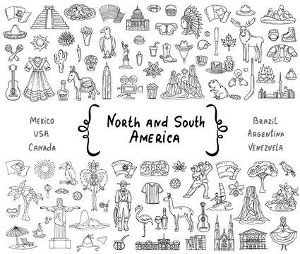 Vector set with hand drawn isolated doodles on the  theme of North and South America