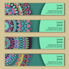 Banner card set with floral colorful decorative mandala elements background.