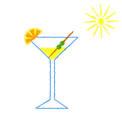 Hand painted banner of glass. Summer cocktail decorated the lemon slice. Hand drawn vintage poster...