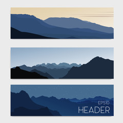 Set of vector headers. Evening mountain landscapes. Website banners or backgrounds.
