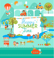 Fototapeta premium Summer Camp with Kids. Landscape and Playground.