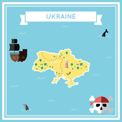 Flat treasure map of Ukraine. Colorful cartoon with icons of ship, jolly roger, treasure chest and banner ribbon. Flat design vector illustration.