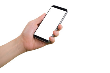 human left hand hold smart phone, tablet, cellphone with white blank screen.