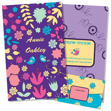 Floral card and envelope design, flowers, leaf , herbs and birds doodle elements. Vector decorative invitation. childish style. elements are not cropped and hidden under mask.