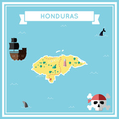 Flat treasure map of Honduras. Colorful cartoon with icons of ship, jolly roger, treasure chest and banner ribbon. Flat design vector illustration.