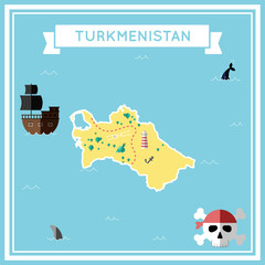 Flat treasure map of Turkmenistan. Colorful cartoon with icons of ship, jolly roger, treasure chest and banner ribbon. Flat design vector illustration.