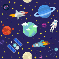 Space Research Vector Seamless Pattern Background with Shuttle and Planets