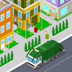 Garbage Removal with Isometric People and City Garbage Truck. Vector illustration