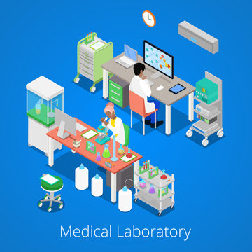 Isometric Laboratory Analysis with Medical Staff and Chemical Research. Vector illustration