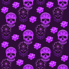 Seamless Gothic Pattern With Color Hand Drawn Skulls And pink  Roses