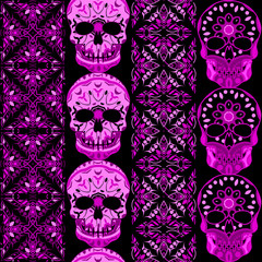 Seamless Gothic Pattern With Color Hand Drawn Skulls And , Boho strips ,  tribal, texture
