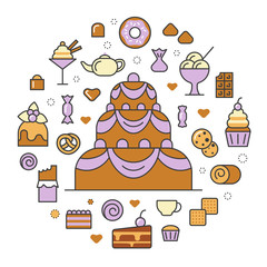 Desserts and Sweets Food Line Art Thin Vector Icons Set with Cake and Cupcake