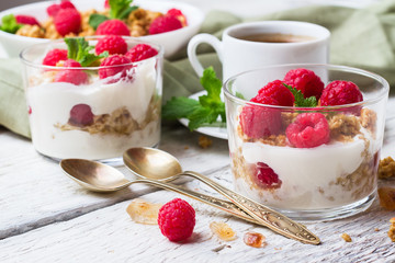 Breakfast concept. Coffee muesli granola berries homemade yogurt