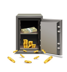 Security metal safe opened with dollars and coins isolated on white background.
