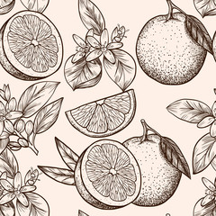 Oranges  and flowers. Vector seamless pattern
