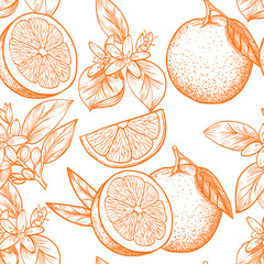 Oranges  and flowers. Vector seamless pattern